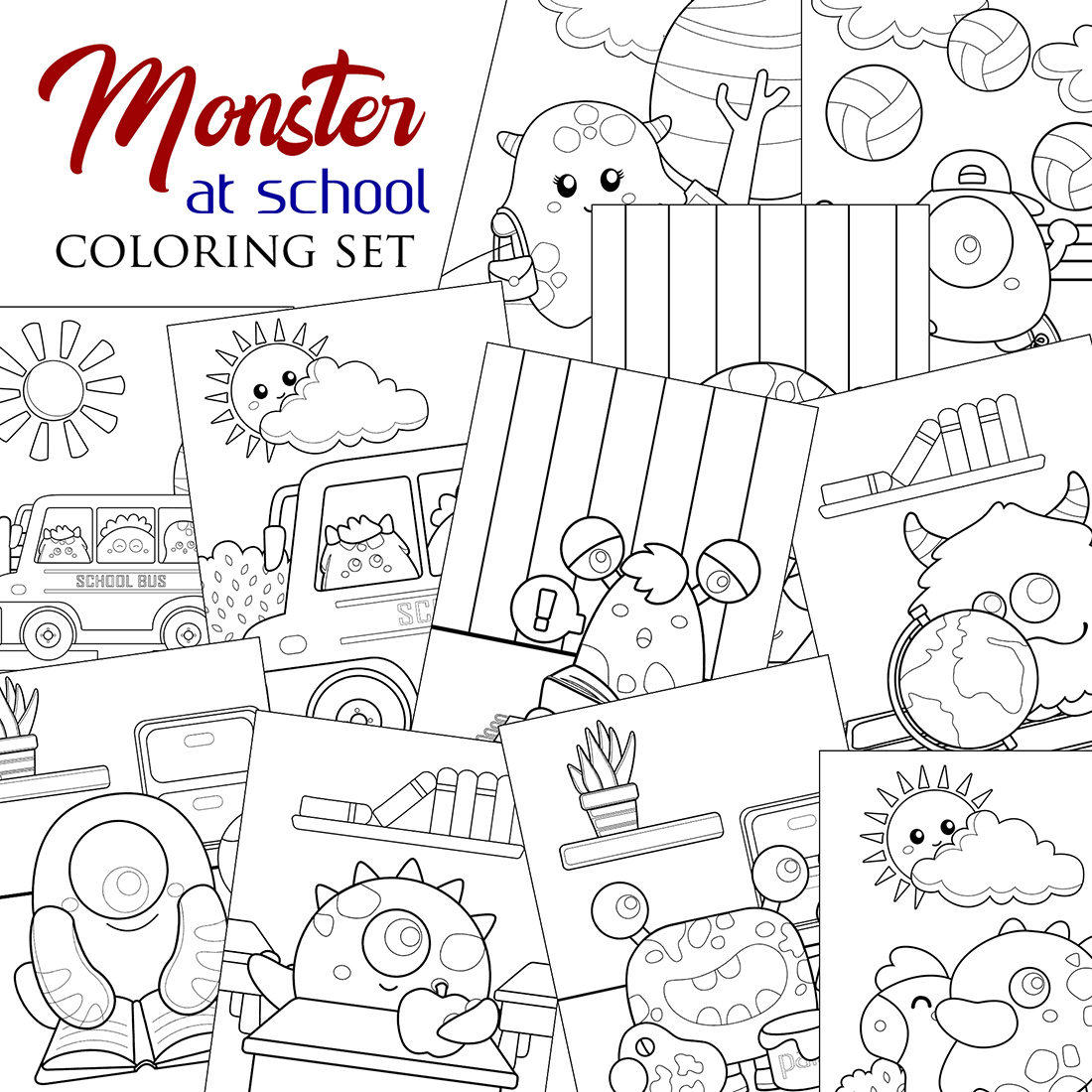 Cute Fantasy Monster School Bus Sport Playground Summer Playing Student Garden Cartoon Coloring Pages for Kids and Adult cover image.