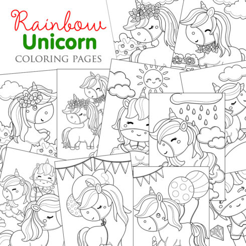 Cute Funny Unicorn Cartoon Fantasy Horse Animals Character Birthday Background and Nature Coloring Pages for Kids and Adult cover image.