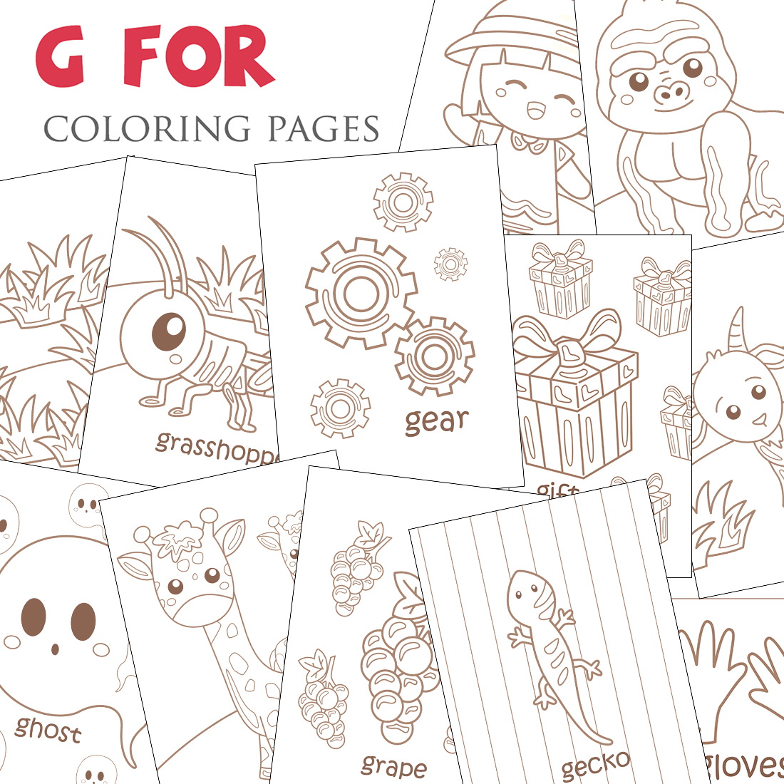 Alphabet G For Vocabulary School Letter Reading Writing Font Study Learning Student Toodler Kids Gift Grape Gorilla Goat Grasshopper Girl Giraffe Ghost Gecko Gloves Gear Grass Cartoon Coloring Pages for Kids and Adult cover image.