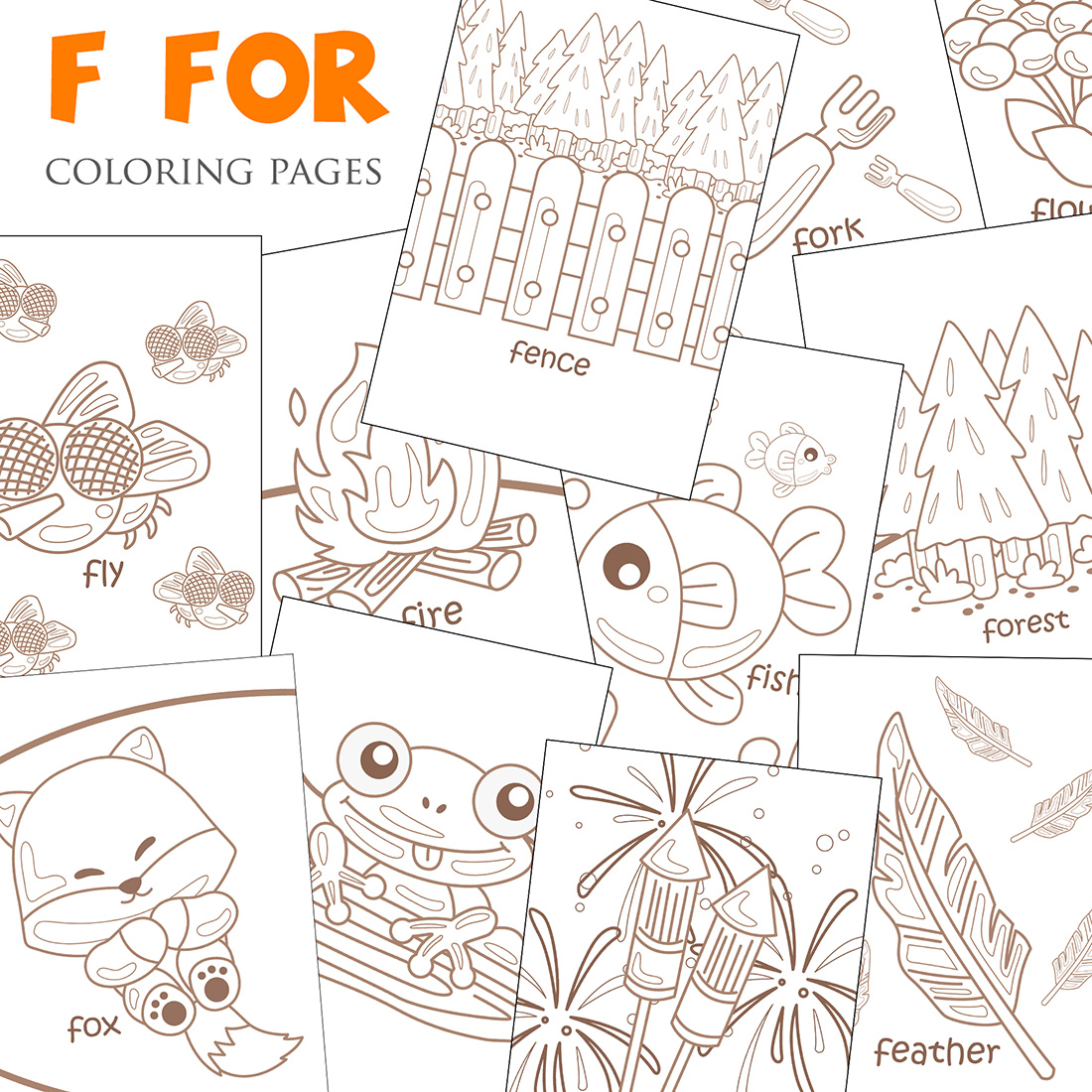 Alphabet F For Vocabulary School Letter Reading Writing Font Study Learning Student Toodler Kids Feather Fly Fence Fork Frog Fox Fire Flag Flower Fish Forest Firework Cartoon Coloring for Kids and Adult cover image.