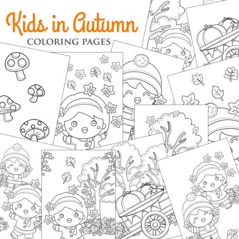 Kids Girl and Boy Fun Holiday Activity in Autumn Fall Seasons Weather Nature Tree Leaves Coloring Pages for Kids and Adult cover image.