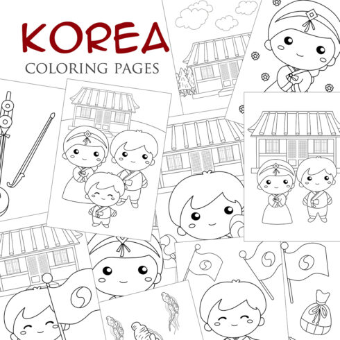 Korean Family Couple Traditional Culture National Hanbok Hanok House Cartoon Coloring for Kids and Adult cover image.