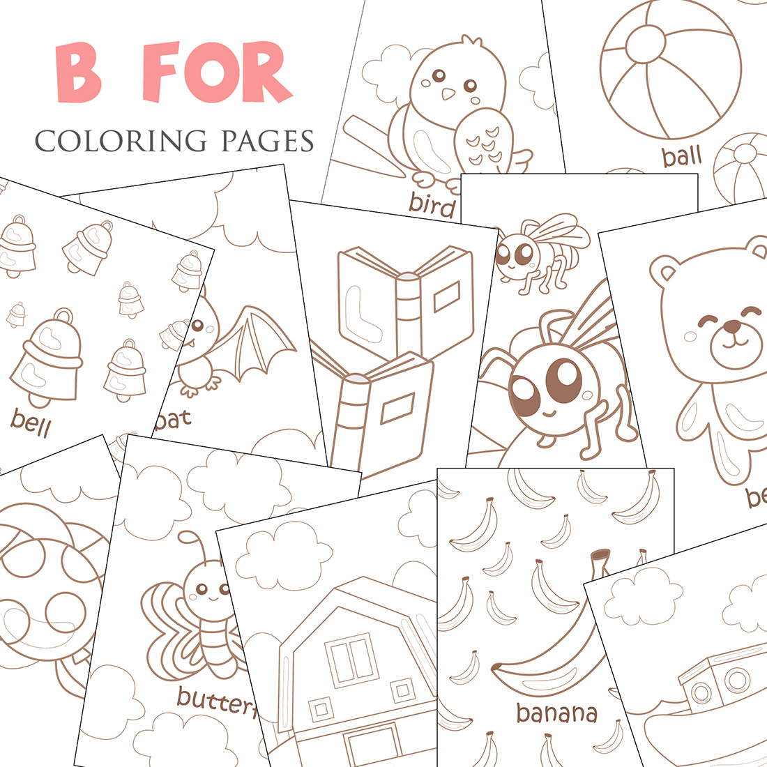 B For Vocabulary School Letter Reading Writing Font Study Learning Student Toodler Kids Balloon Bear Banana Butterfly Barn Ball Bird Bat Book Bell Boat Bee Cartoon Coloring Pages for Kids and Adult cover image.