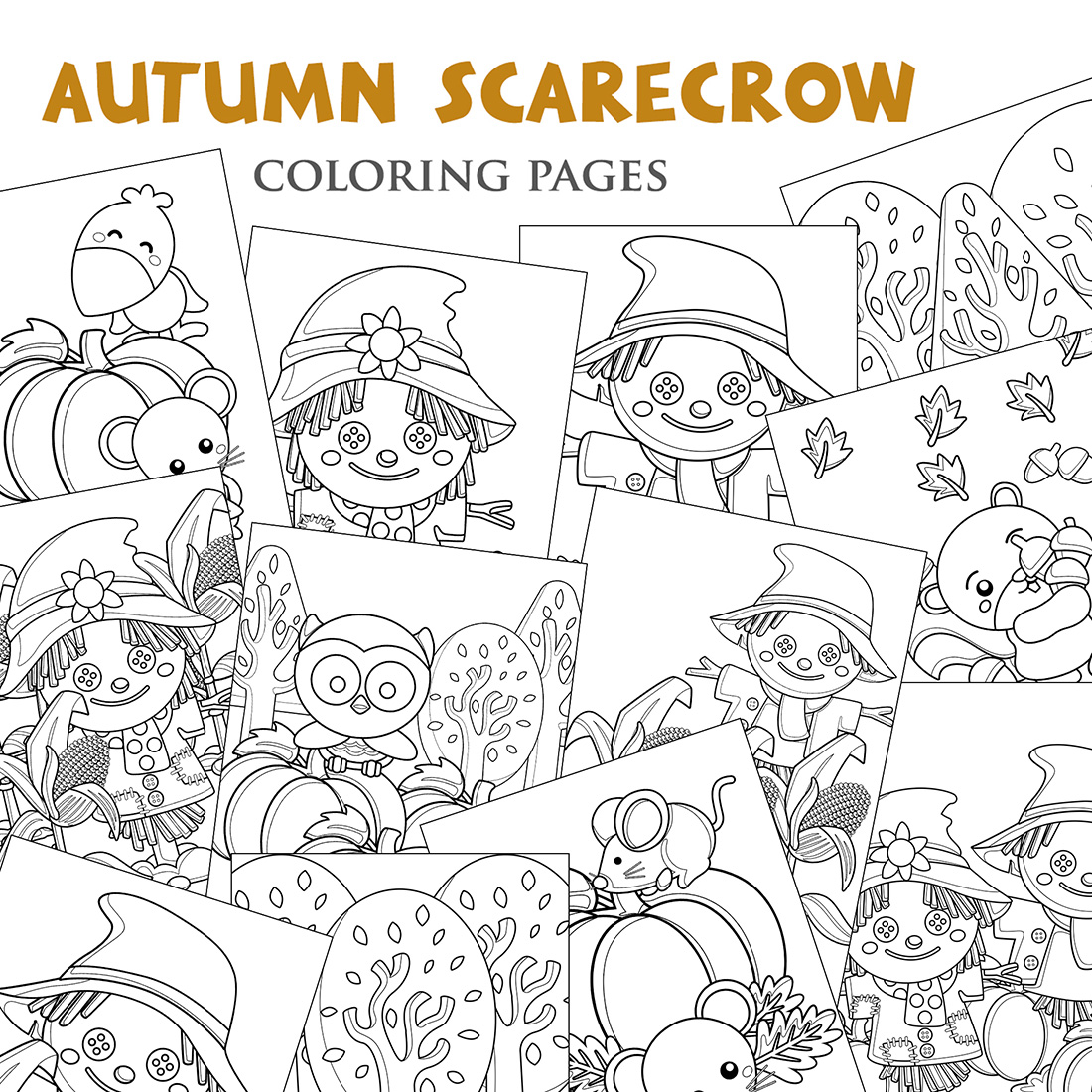 Funny Cartoon Autumn Fall Farm Scarecrow with Animals Bird Mouse Owl Raven Beaver Nature Tree Forest Coloring Pages for Kids and Adult cover image.