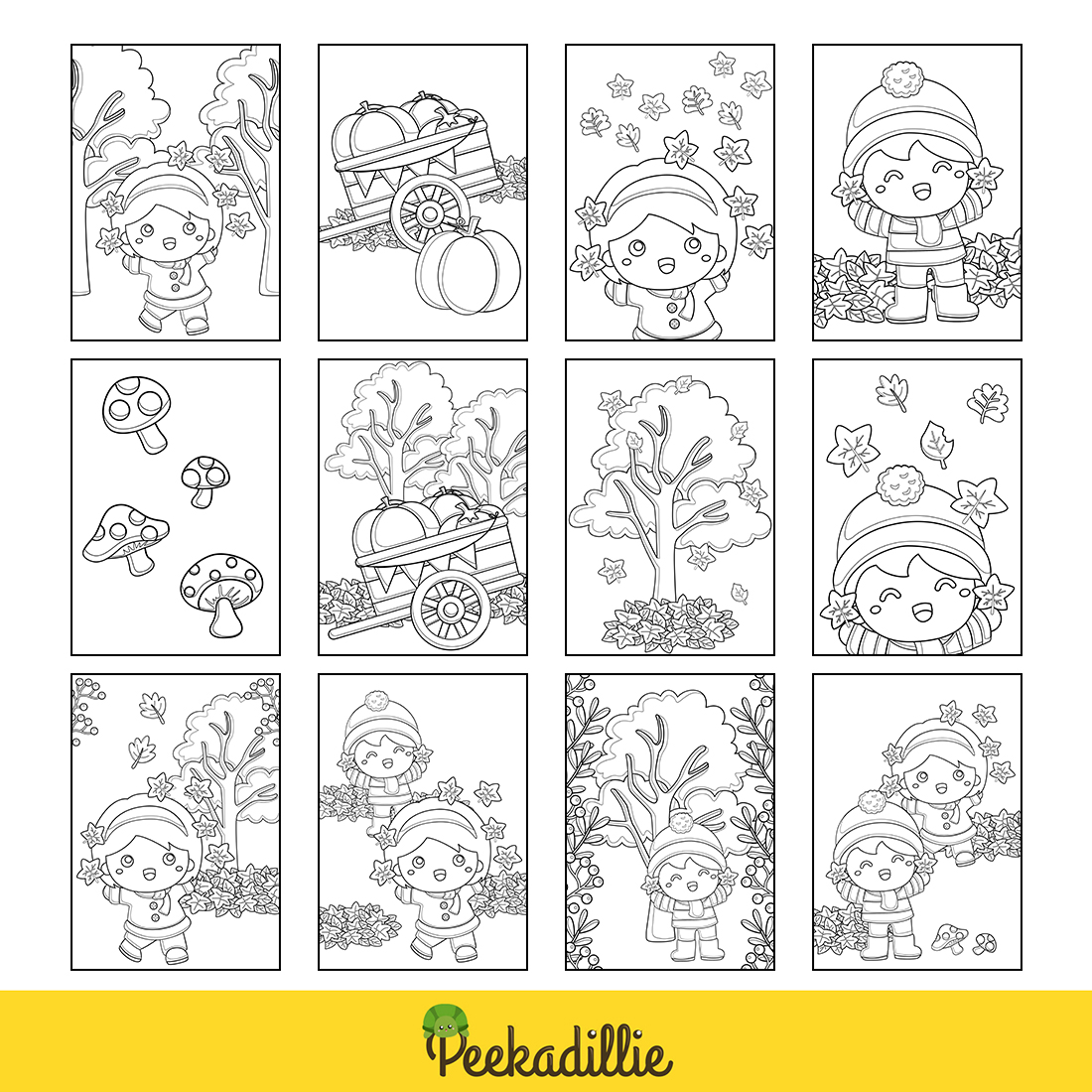 Kids Girl and Boy Fun Holiday Activity in Autumn Fall Seasons Weather Nature Tree Leaves Coloring Pages for Kids and Adult preview image.