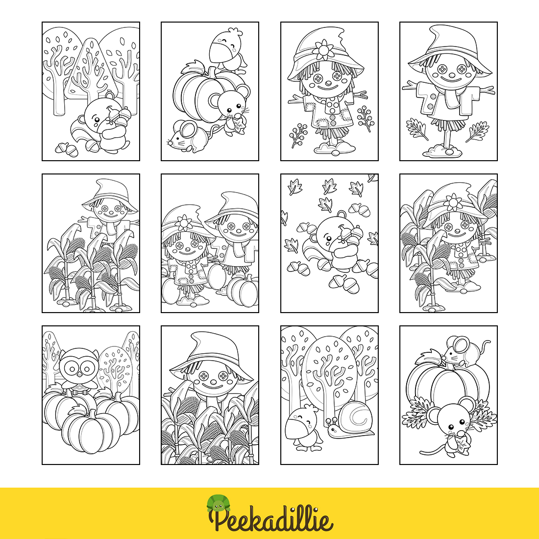 Funny Cartoon Autumn Fall Farm Scarecrow with Animals Bird Mouse Owl Raven Beaver Nature Tree Forest Coloring Pages for Kids and Adult preview image.