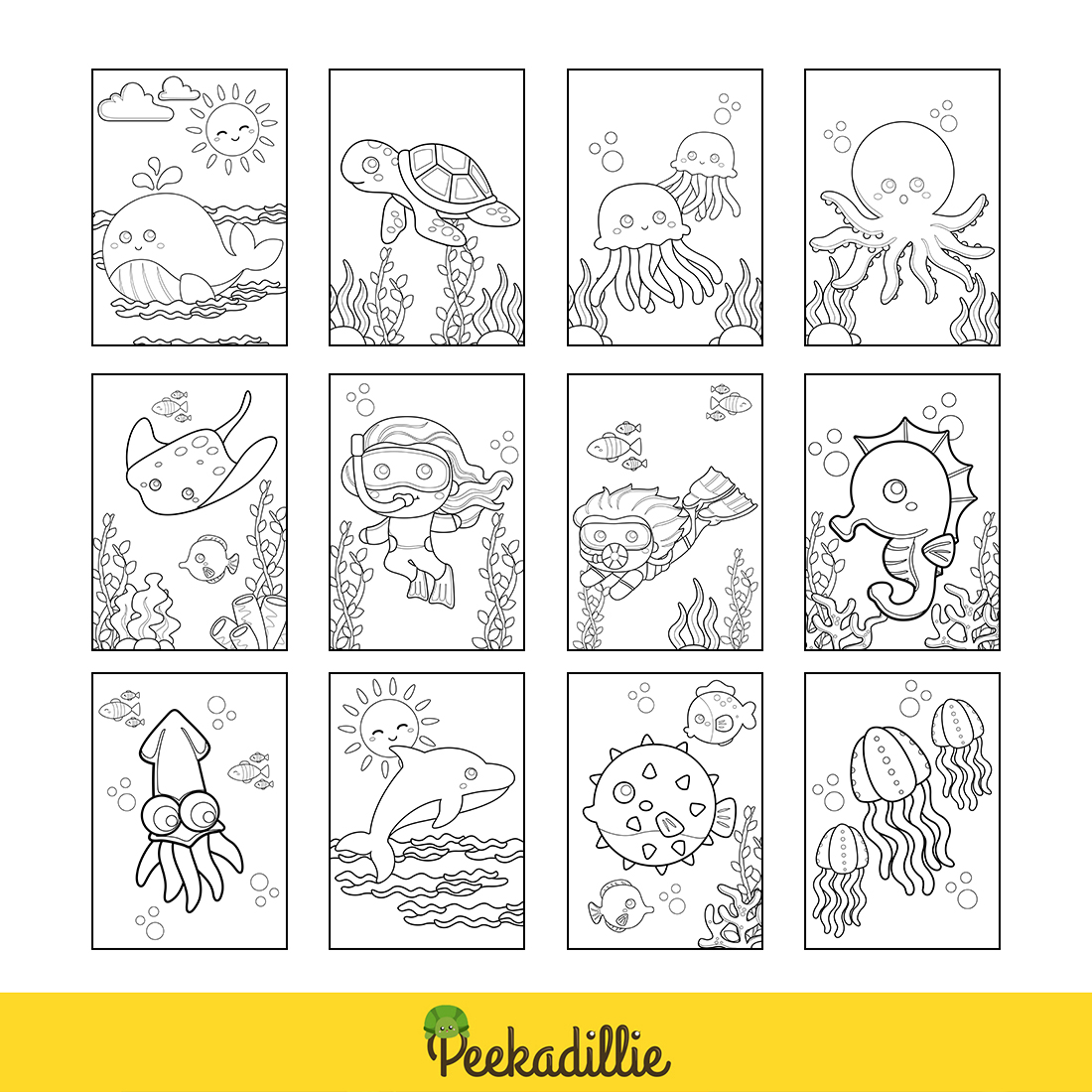 Underwater Ocean Sea Animals Seahorse Turtle Dolphin Whale Squid Jellyfish Fish Octopus Stingray Diving Snorkling Coloring for Kids and Adult preview image.