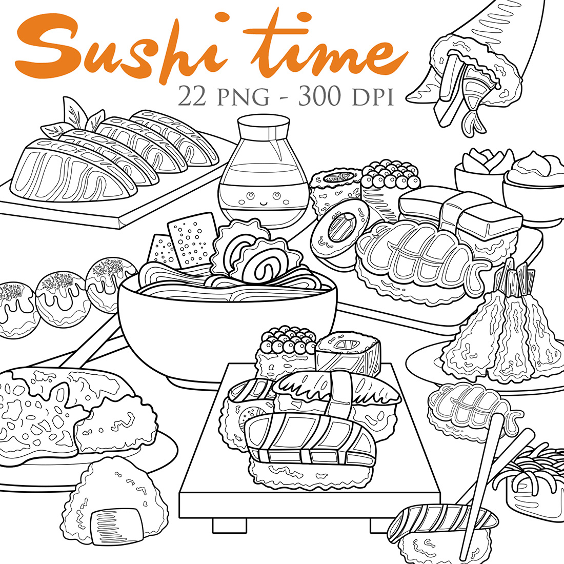 Japanese Sushi Food & Drink Coloring Set Graphic by Peekadillie
