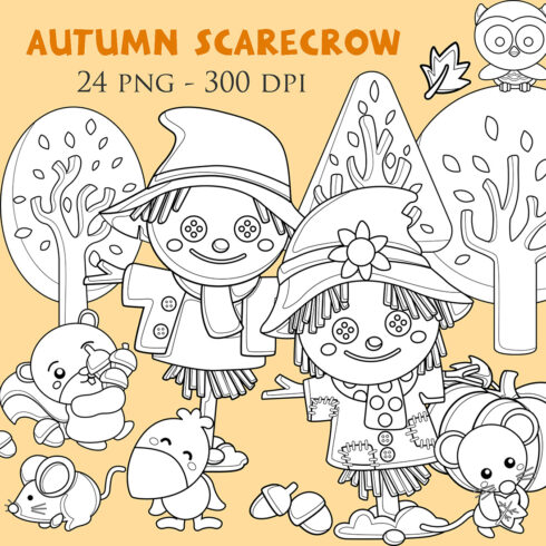 Autumn Farm Scarecrow Season Weather Leaves Tree and Animals Bird Owl Raven Mouse Beaver Cartoon Digital Stamp Outline Black and White cover image.