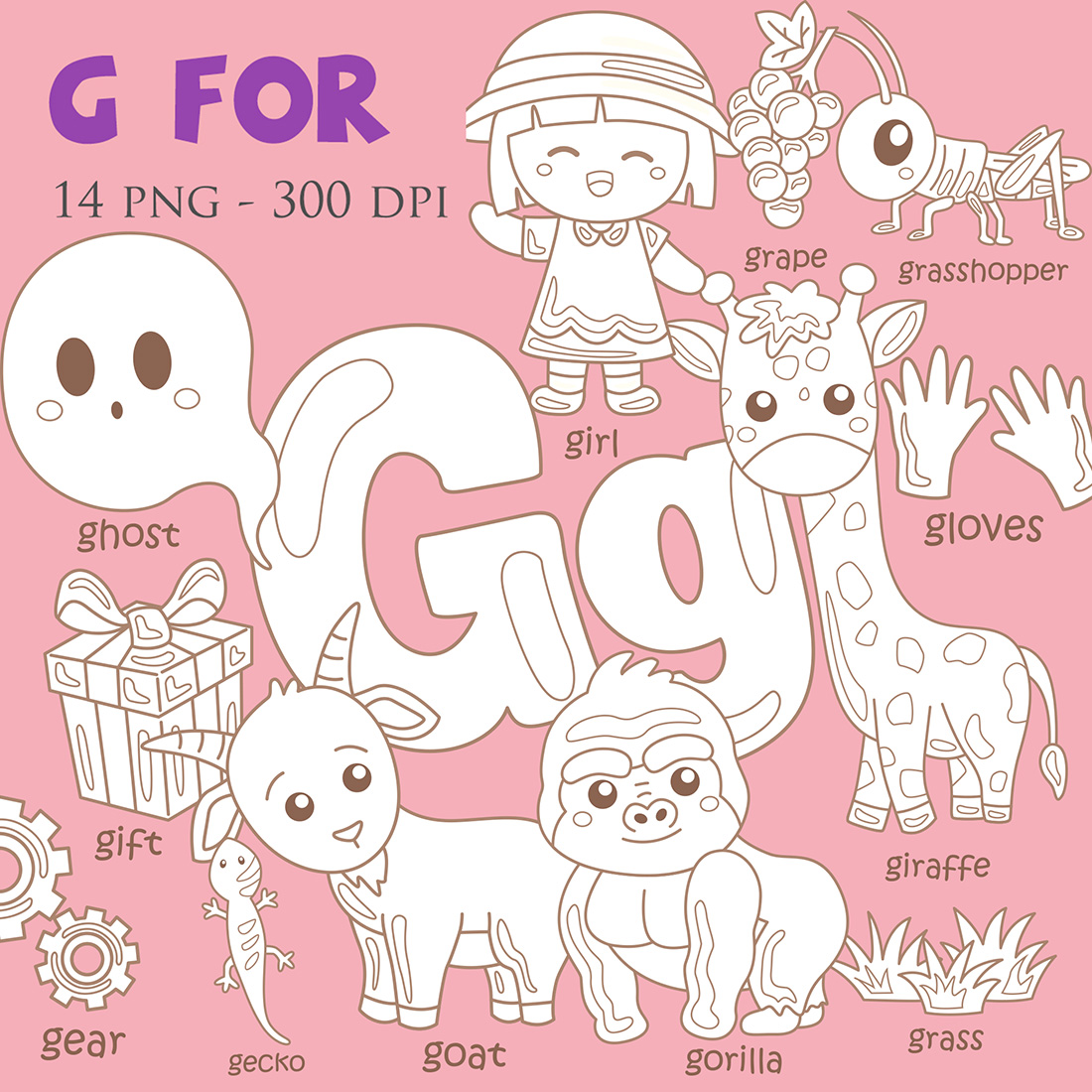 Alphabet G For Vocabulary School Letter Reading Writing Font Study Learning Student Toodler Kids Gift Grape Gorilla Goat Grasshopper Girl Giraffe Ghost Gecko Gloves Gear Grass Cartoon Digital Stamp Outline Black and White cover image.