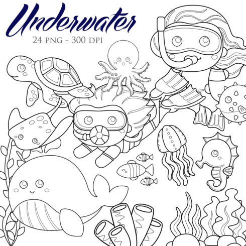 Underwater Kids Snorkling Diving Sport with Animals Sea Ocean Turtle Whale Dolphin Octopus Fish Starfish Seahorse Crab Coral Nature Digital Stamp Outline cover image.