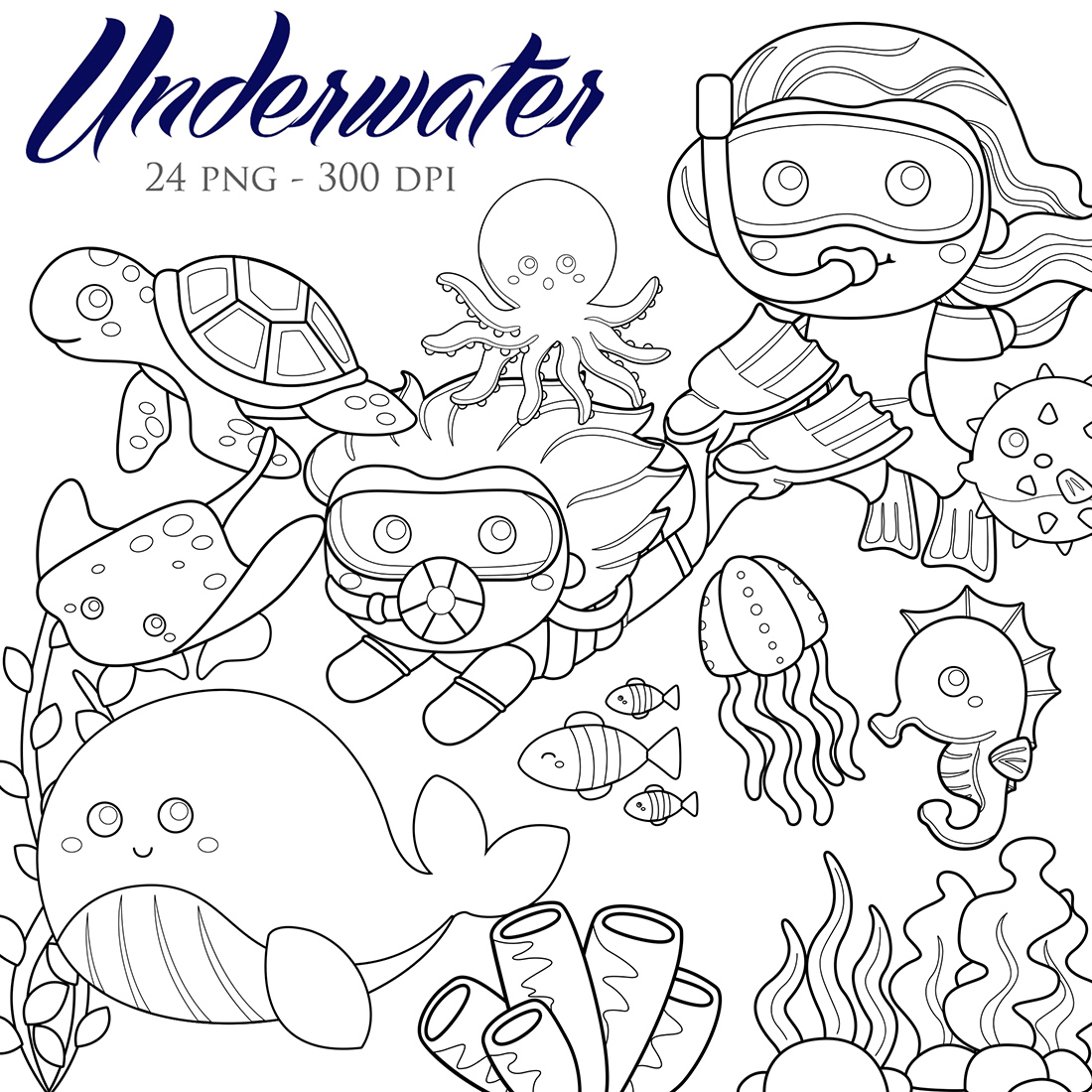 Underwater Kids Snorkling Diving Sport with Animals Sea Ocean Turtle Whale Dolphin Octopus Fish Starfish Seahorse Crab Coral Nature Digital Stamp Outline cover image.