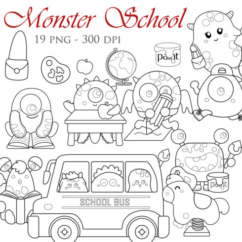 Funny Monster School Bus Transportation Fantasy Story Playing Studying Sport Digital Stamp Outline black and White cover image.