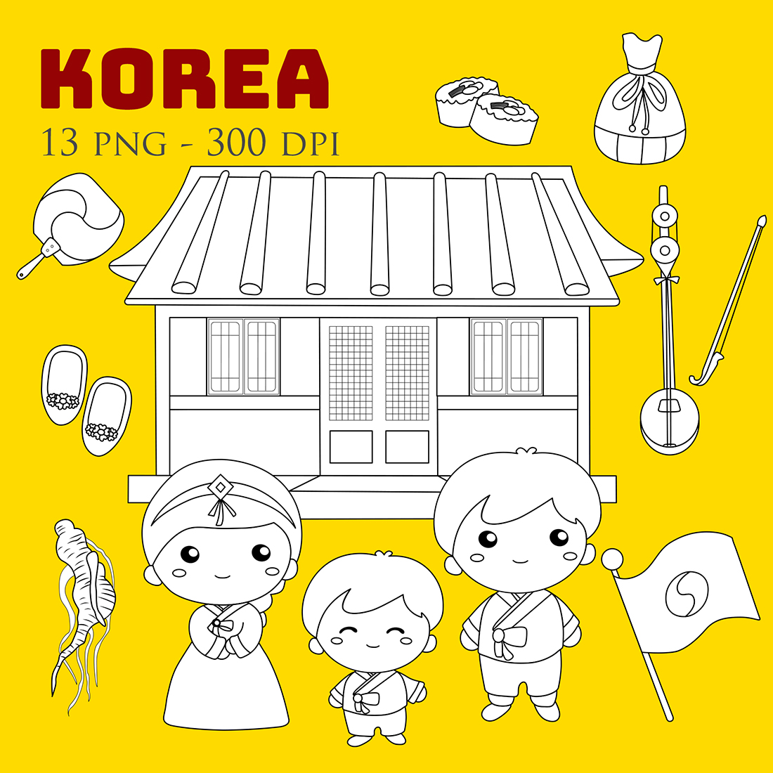 Korean Couple Family Kids Traditional Tradition Culture National Hanbok Hanok Flag Food Music Digital Stamp Outline cover image.