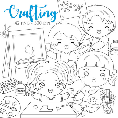 Happy Kids Crafting and Painting School Activity Toodler Digital Stamp Outline cover image.