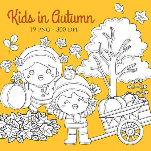 Kids in Autumn Fall Seasons Leaves Tree Holiday Activity Fun Digital Stamp Outline Black and White cover image.