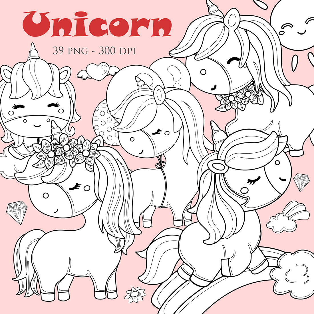 Unicorn Character Cartoon Horse Animal Flowers Background Birthday Party Digital Stamp Outline cover image.