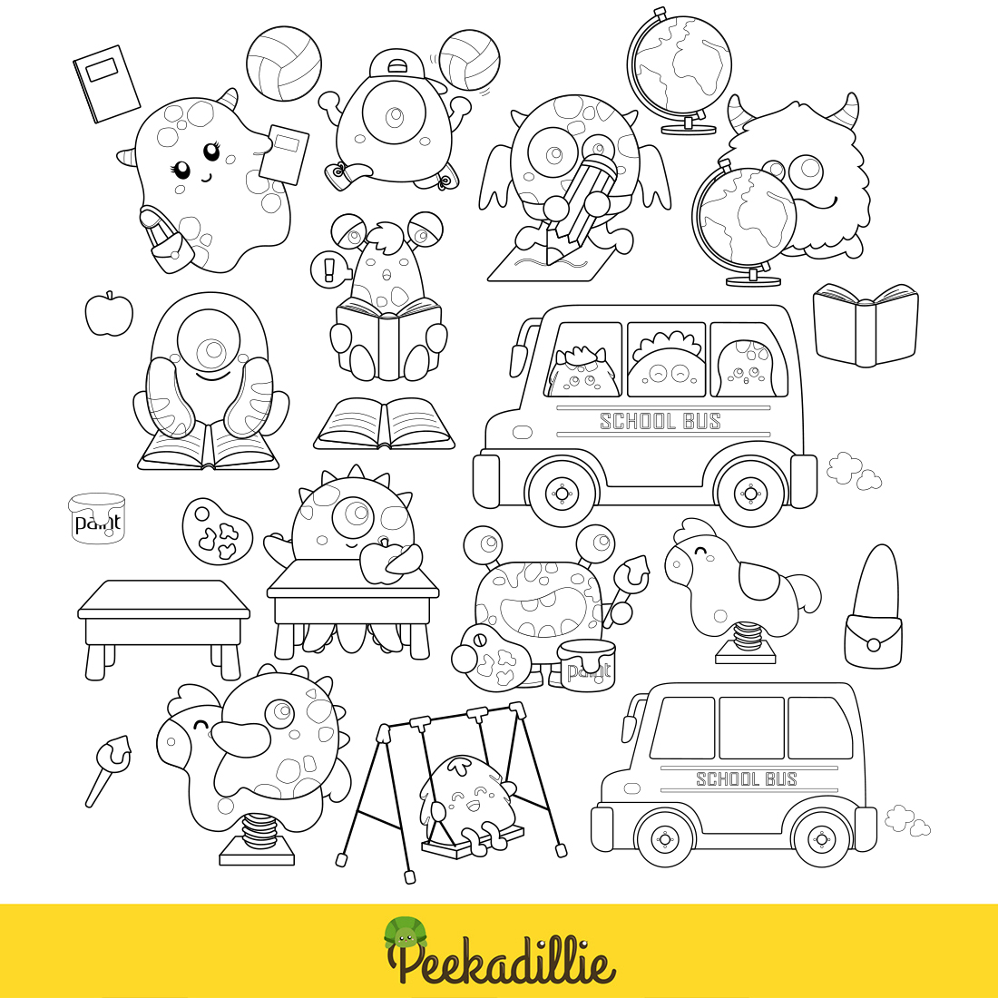 Funny Monster School Bus Transportation Fantasy Story Playing Studying Sport Digital Stamp Outline black and White preview image.