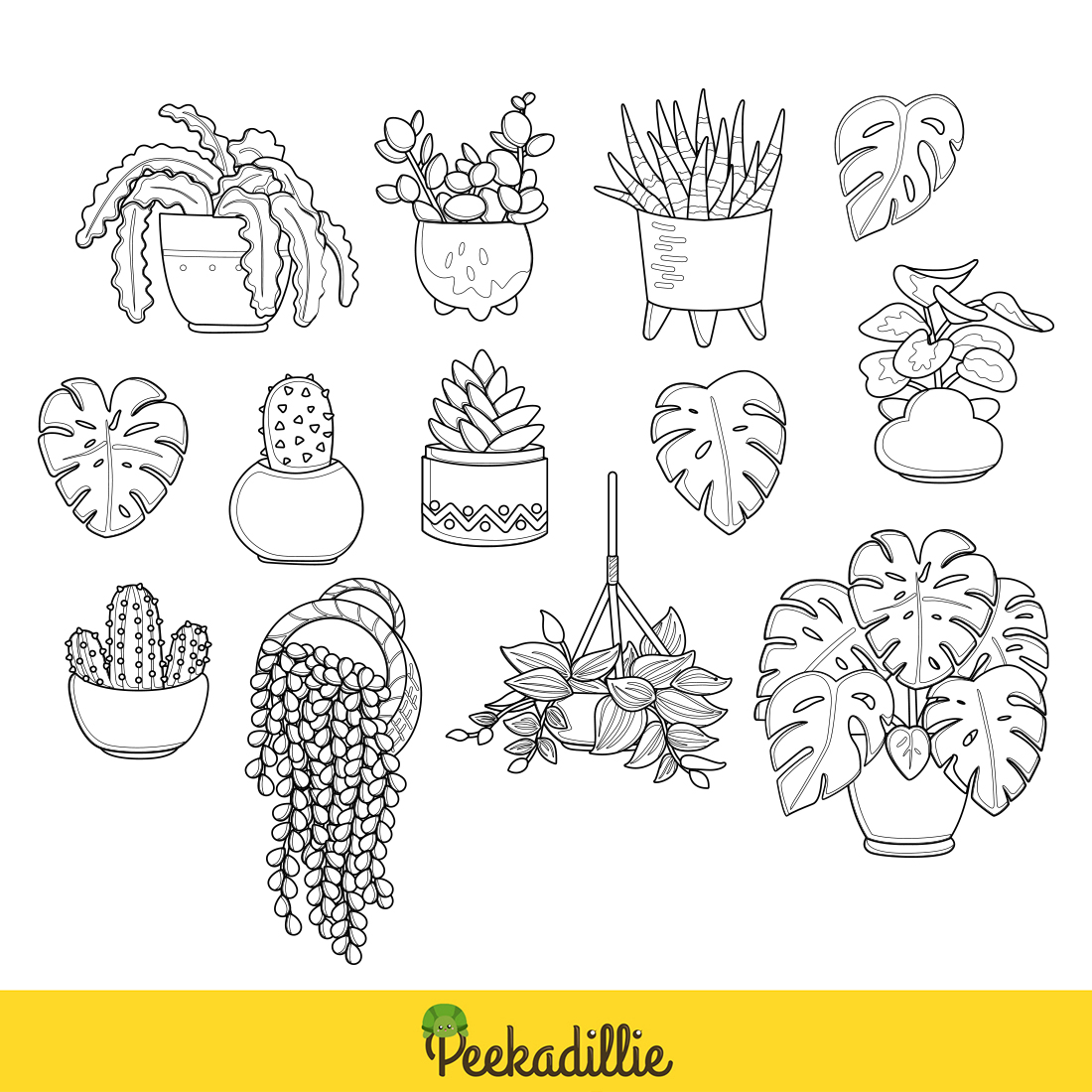 Home Plants Indoor Leaves Monstera Cactus Peperomia Asplenium Aloe Vera Pothos Nature Floral Cartoon Digital Stamp Outline preview image.