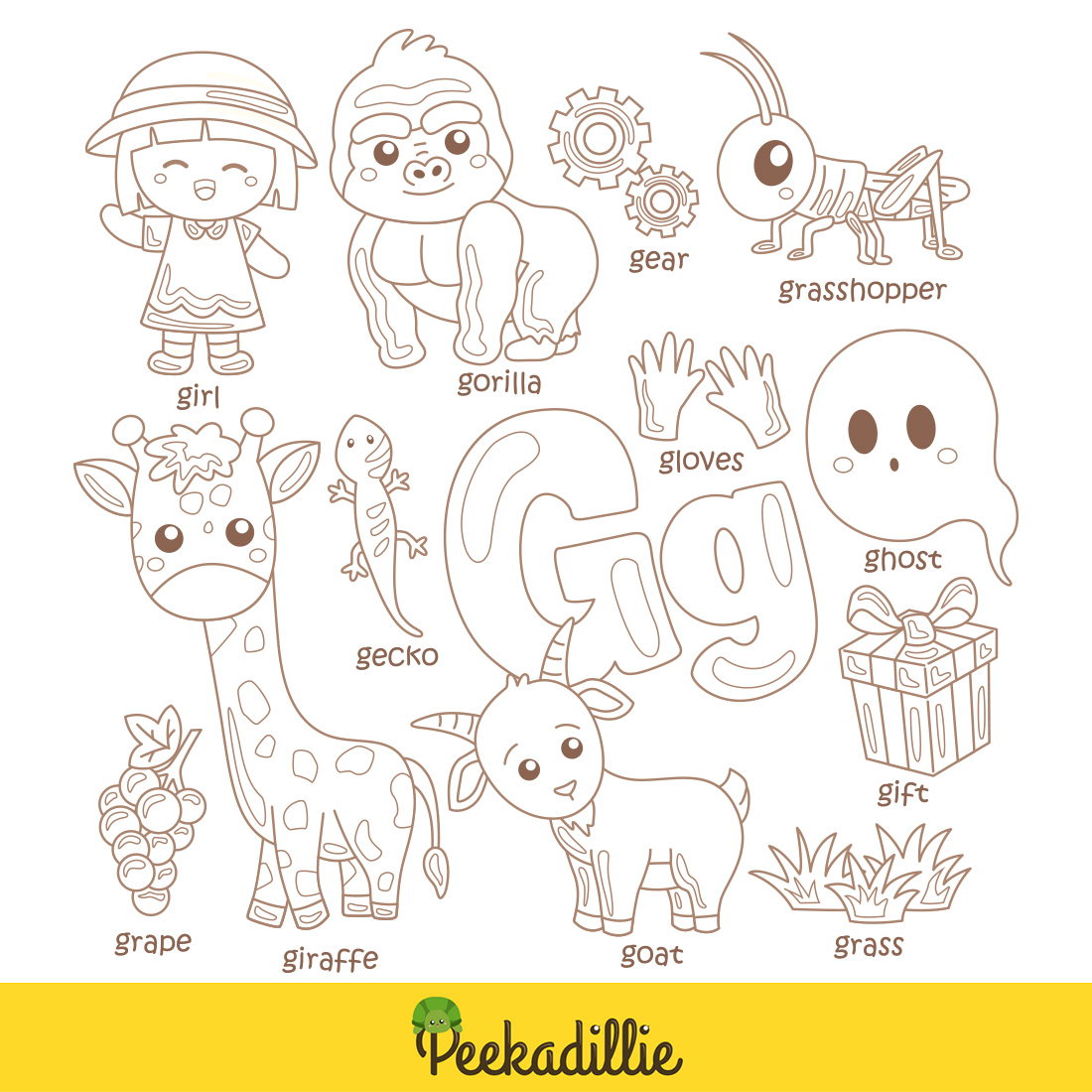 Alphabet G For Vocabulary School Letter Reading Writing Font Study Learning Student Toodler Kids Gift Grape Gorilla Goat Grasshopper Girl Giraffe Ghost Gecko Gloves Gear Grass Cartoon Digital Stamp Outline Black and White preview image.