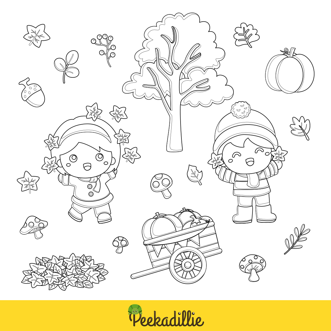 Kids in Autumn Fall Seasons Leaves Tree Holiday Activity Fun Digital Stamp Outline Black and White preview image.