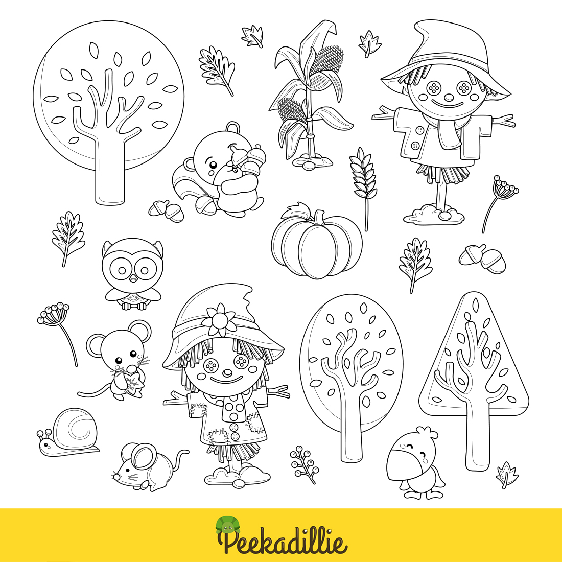 Autumn Farm Scarecrow Season Weather Leaves Tree and Animals Bird Owl Raven Mouse Beaver Cartoon Digital Stamp Outline Black and White preview image.