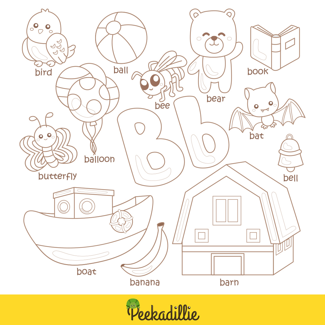 B For Vocabulary School Letter Reading Writing Font Study Learning Student Toodler Kids Balloon Bear Banana Butterfly Barn Ball Bird Bat Book Bell Boat Bee Cartoon Digital Stamp Outline Black and White preview image.