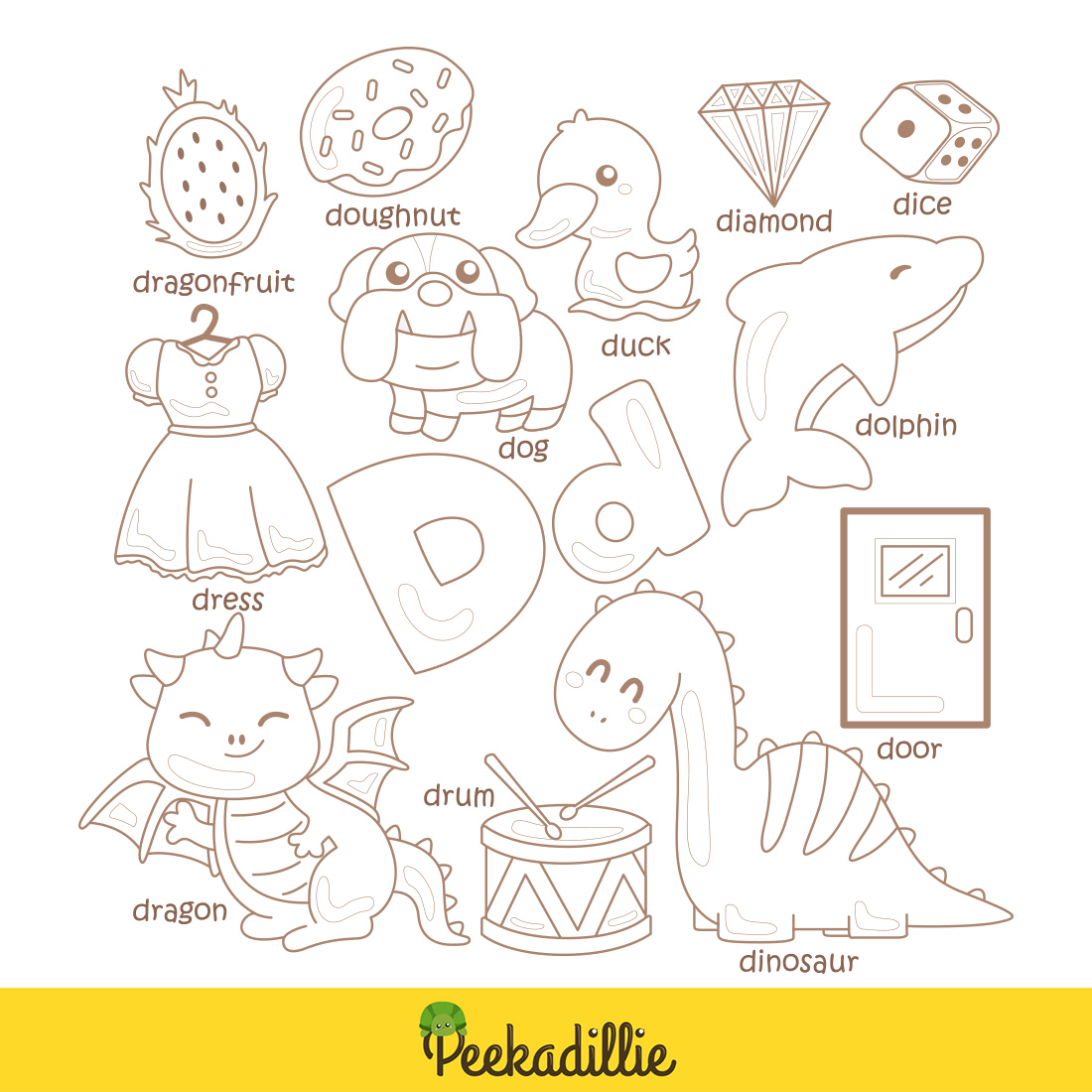 Alphabet D For Vocabulary School Letter Reading Writing Font Study Learning Student Toodler Kids Dragon Fruit Dolphin Dinosaur Drum Diamond Dress Duck Dice Doughnut Dog Door Cartoon preview image.