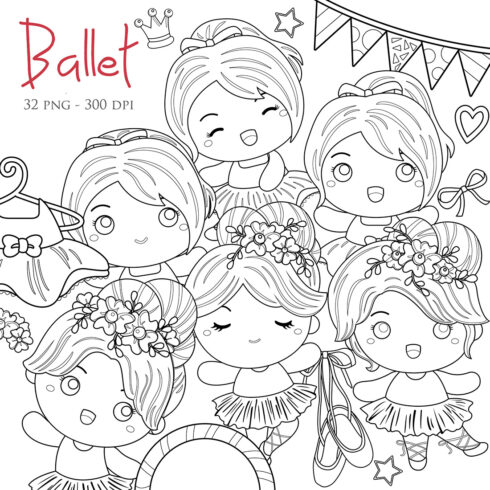 Cute Kids Girl Ballerina Ballet Sport Activity Digital Stamp Outline Cartoon cover image.