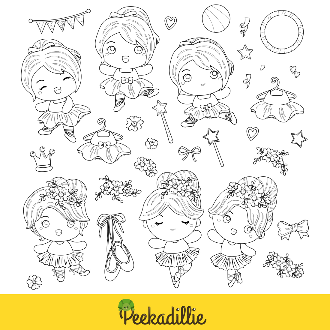 Cute Kids Girl Ballerina Ballet Sport Activity Digital Stamp Outline Cartoon preview image.