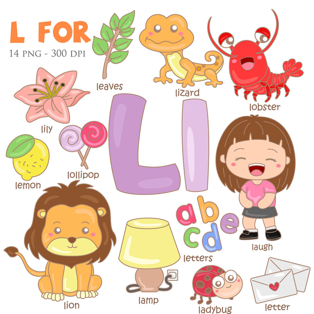 Alphabet l for vocabulary school letter reading writing font study