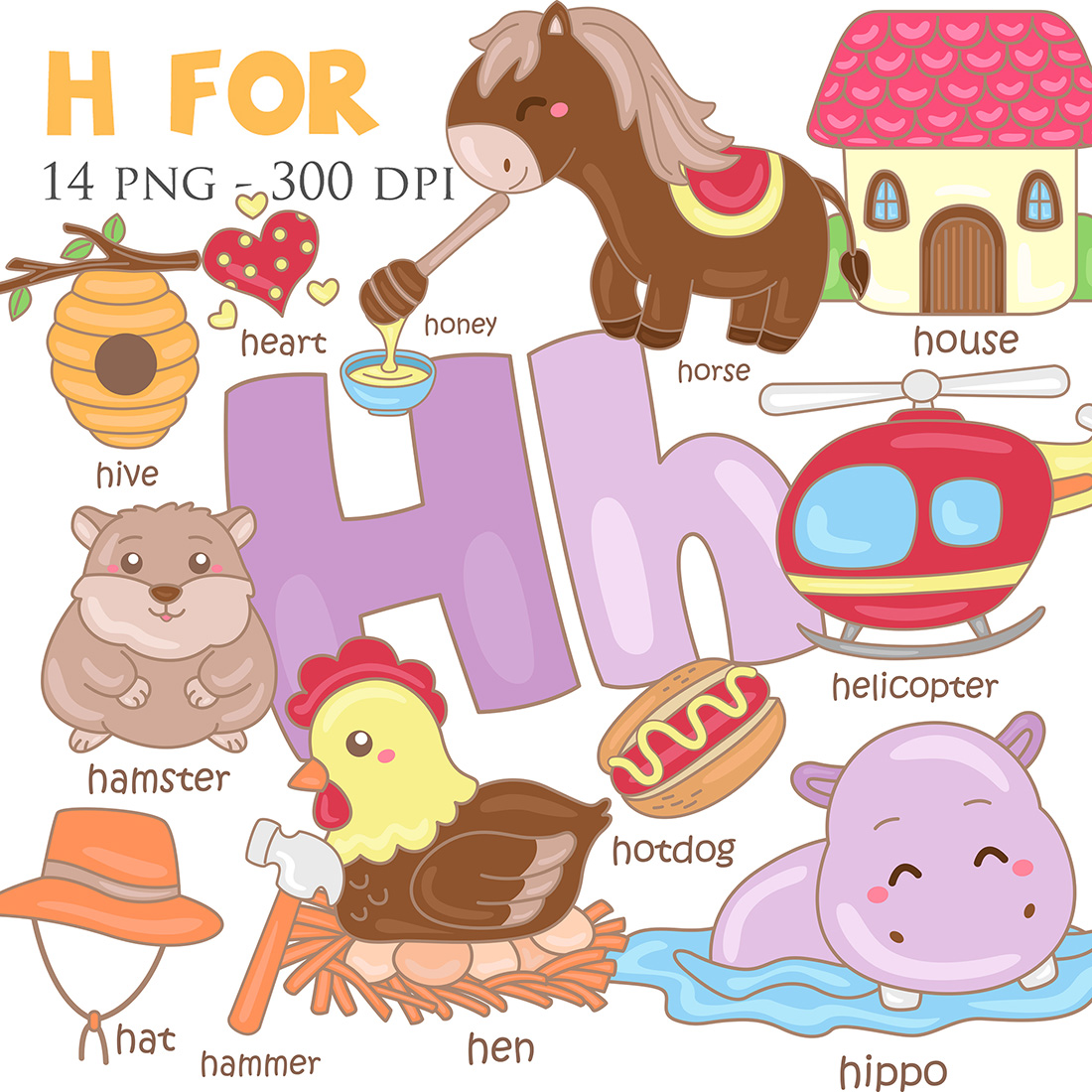 Alphabet H For Vocabulary School Letter Reading Writing Font Study Learning Student Toodler Kids Hive Hamster Heart Honey Horse House Hat Hotdog Hippo Helicopter Hen Cartoon Illustration Vector Clipart cover image.