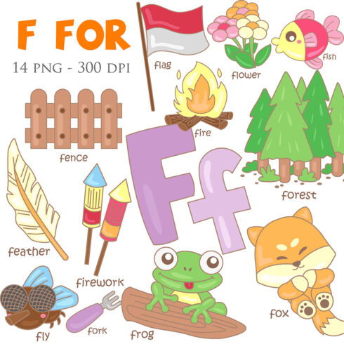 Alphabet F For Vocabulary School Letter Reading Writing Font Study Learning Student Toodler Kids Feather Fly Fence Fork Frog Fox Fire Flag Flower Fish Forest Firework Cartoon Illustration Vector Clipart cover image.