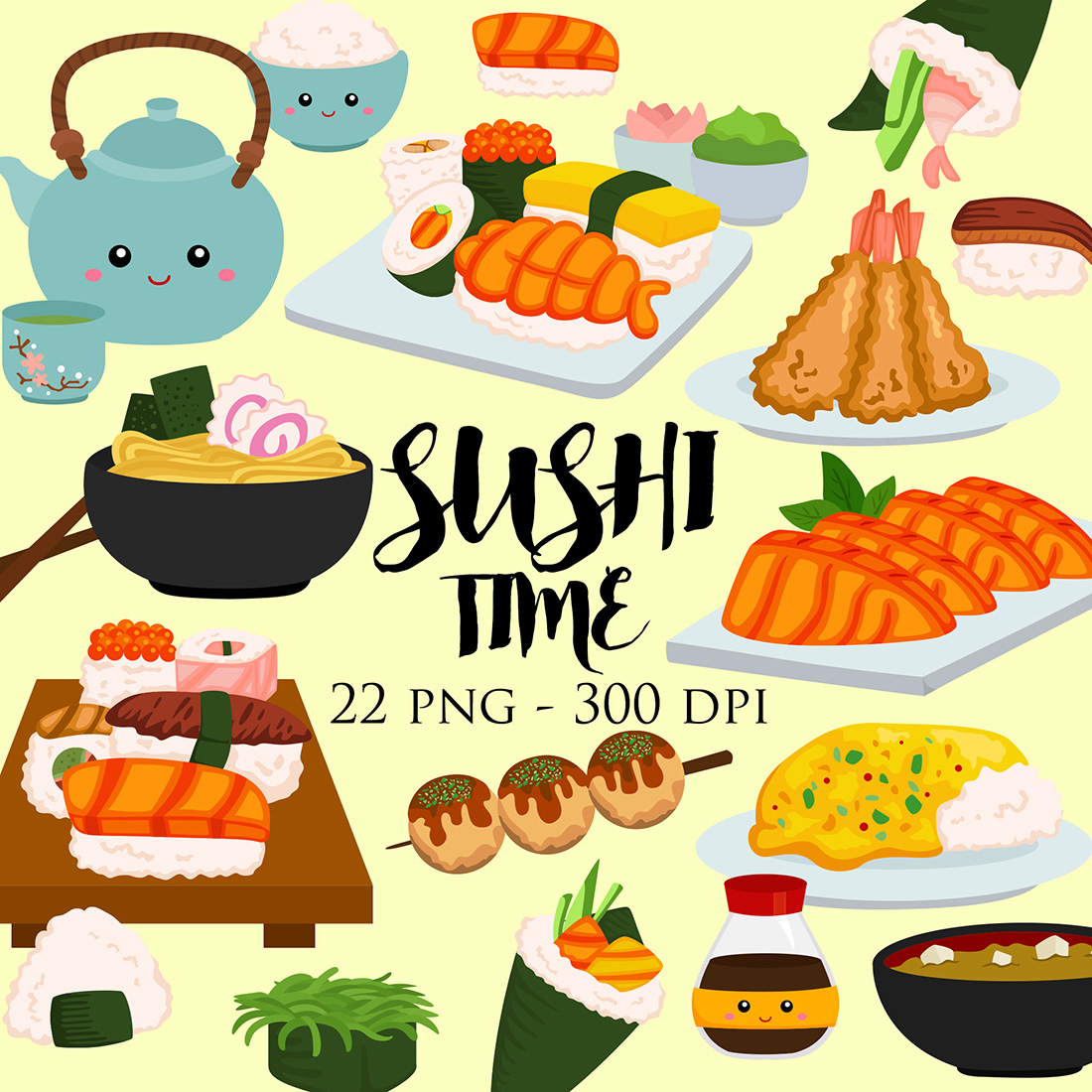 Delicious Japanese Food Sushi Time Salmon Onigiri Udon Ramen Noodle Miso Wasabi Takoyaki Tempura Cartoon Illustration Vector Clipart cover image.
