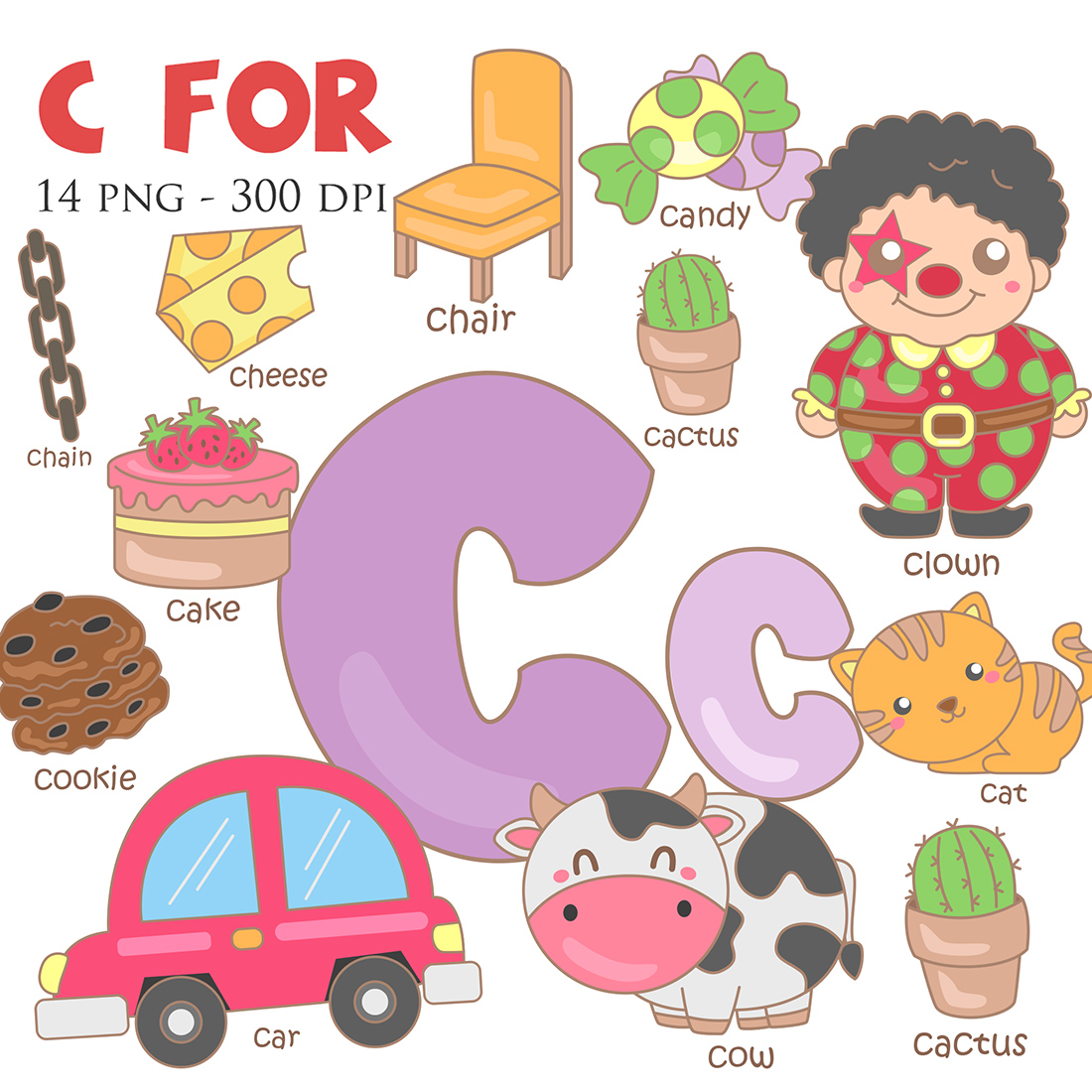 C For Vocabulary School Letter Reading Writing Font Study Learning Student Toodler Kids Car Crab Cake Clown Cookie Cow Cactus Cheese Candy Chain Chair Cat Cartoon Illustration Vector Clipart cover image.