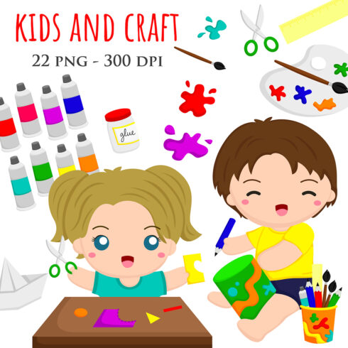 Kids Doing Craft and Paint Activity Holiday or at School with Stationery Object Colour Cartoon Illustration Vector Clipart cover image.