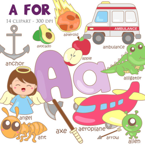 A For Vocabulary School Letter Reading Writing Font Study Learning Student Toodler Kids Angel Avocado Anchor Asteroid Ambulance Apple Alligator Ant Alien Cartoon Illustration Vector Clipart cover image.