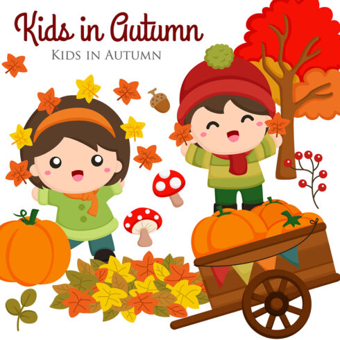Happy Kids in Autumn Leaves Season Holiday Activity Nature Cartoon Illustration Vector Clipart cover image.