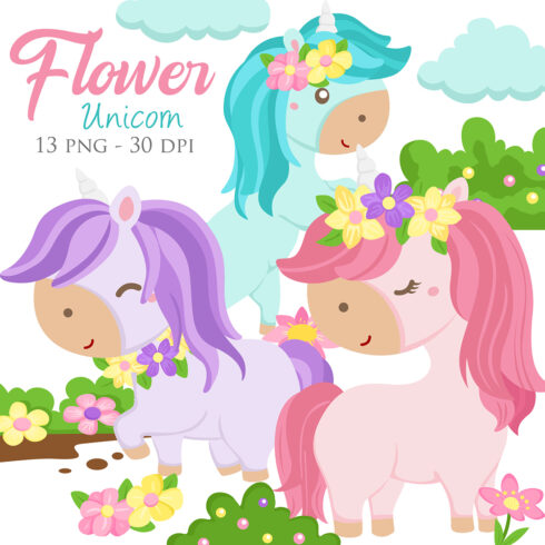 Cute Colorful Unicorn Fantasy Horse Cartoon Character and Flower Blue Pink Purple Decoration Illustration Vector Clipart cover image.