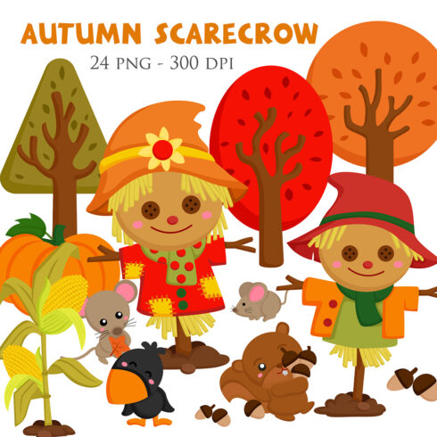 Cute Autumn Scarecrow Doll Nature Weather with Animals Beaver Raven Mouse Pumpkin Tree Leaves Cartoon Illustration Vector Clipart cover image.