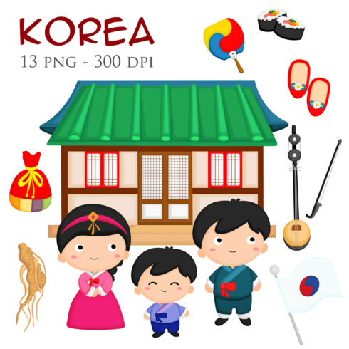 Cute Korean Couple Family Traditional Traditition Culture Hanbok Hanok National Flag Cartoon Illustration Vector Clipart cover image.