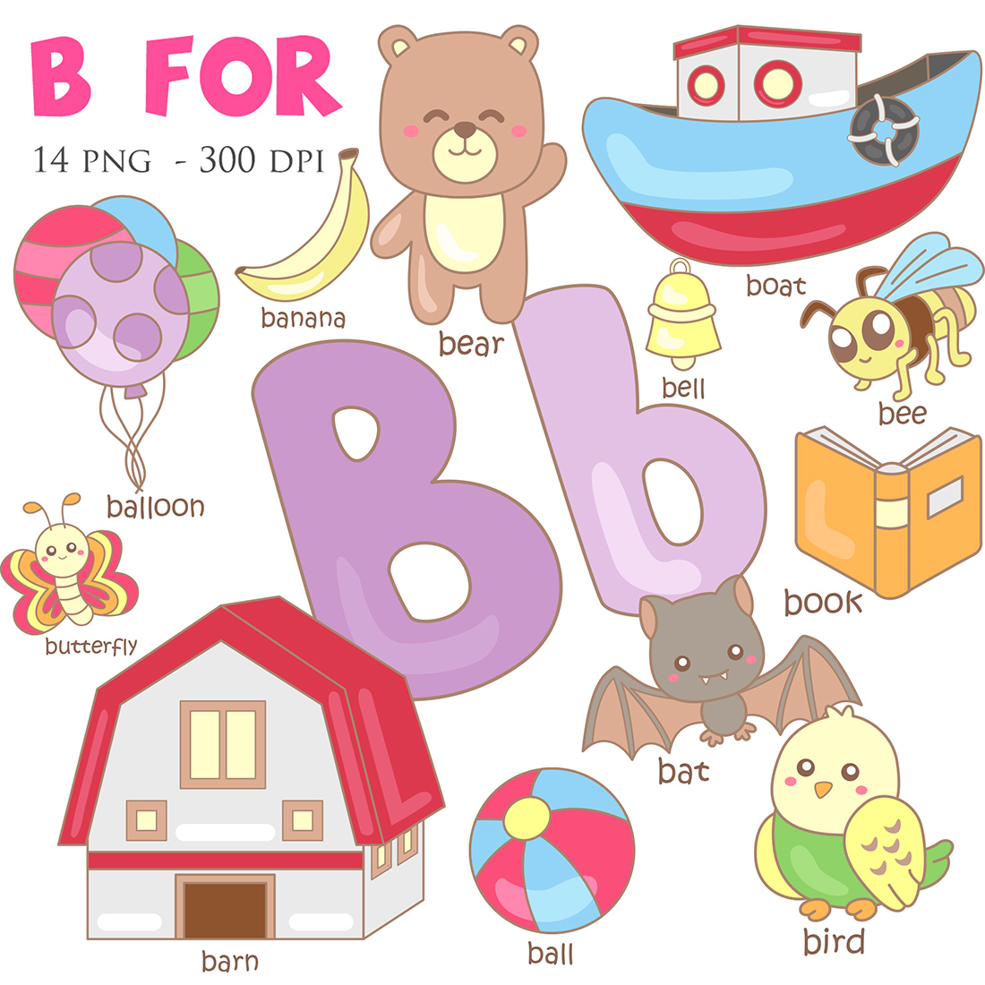 Cartoon Characters Teach Letter B Vocabulary With Educational Set