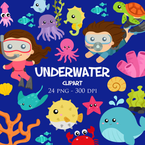 Kids Underwater Sport Snorkling and Diving Activity with Sea Ocean Animals Squid Whale Fish Octopus Turtle Crab Dolphin Floral Illustration Vector Clipart cover image.