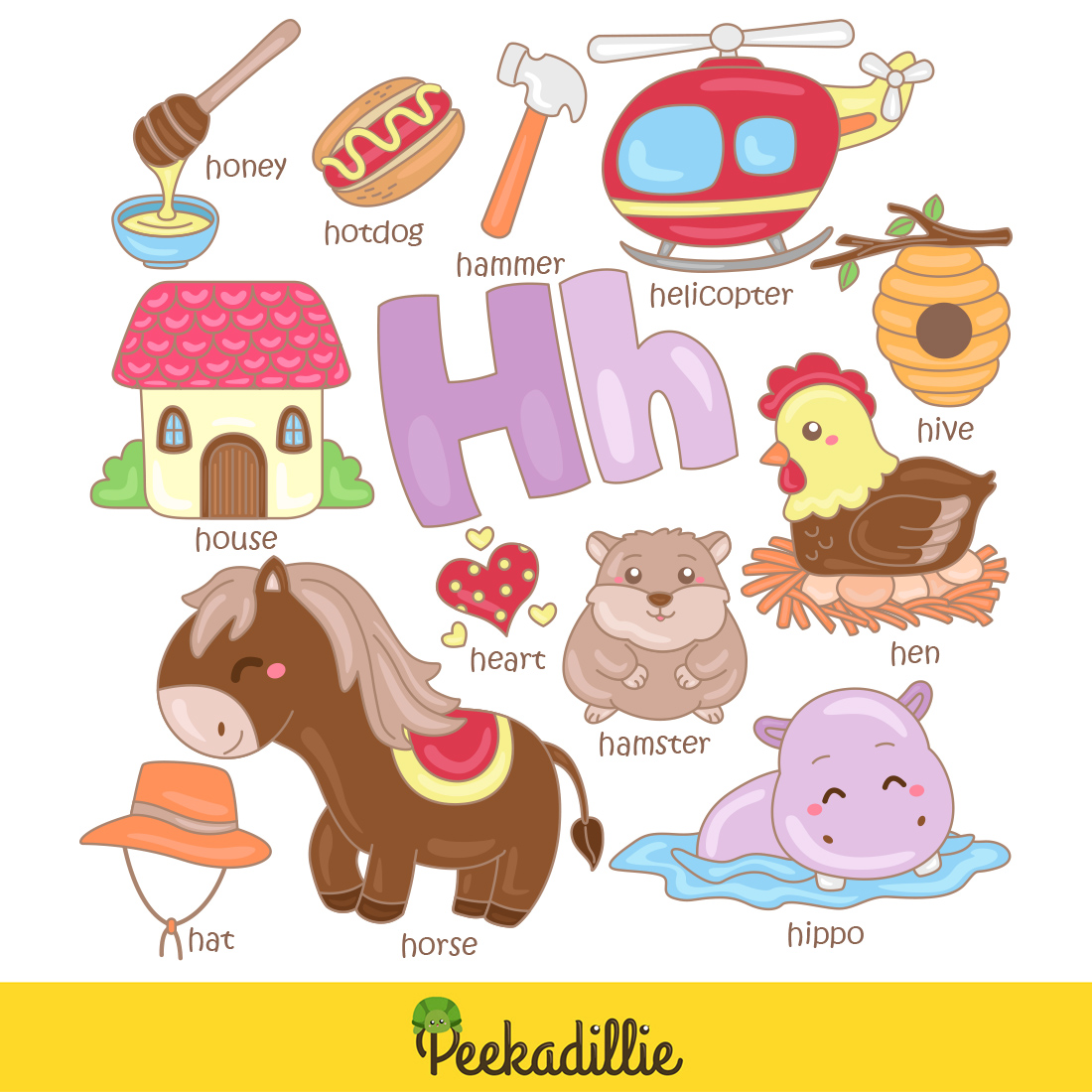 Alphabet H For Vocabulary School Letter Reading Writing Font Study Learning Student Toodler Kids Hive Hamster Heart Honey Horse House Hat Hotdog Hippo Helicopter Hen Cartoon Illustration Vector Clipart preview image.