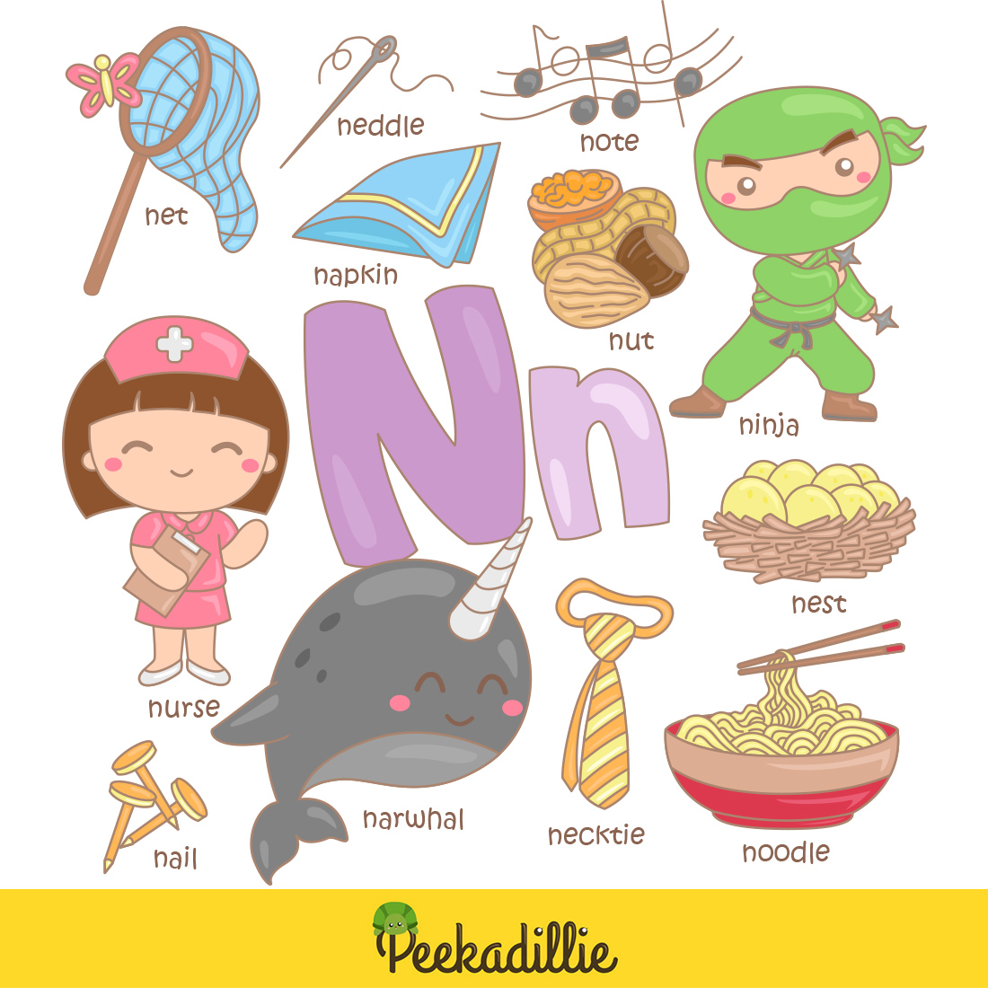 Alphabet N For Vocabulary School Letter Reading Writing Font Study Learning Student Toodler Kids Cartoon Net Napkin Nail Nurse Narwhal Necktie Noodle Nest Ninja Nut Note Neddle Illustration Vector Clipart preview image.