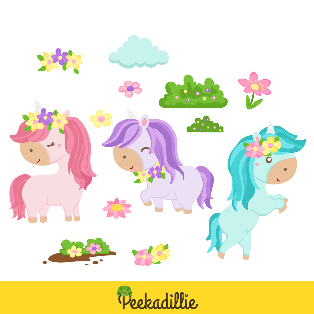 Cute Colorful Unicorn Fantasy Horse Cartoon Character and Flower Blue Pink Purple Decoration Illustration Vector Clipart preview image.