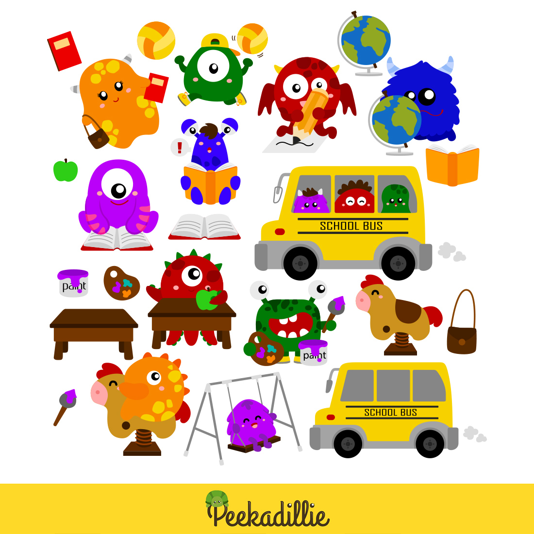 Cute Monster School Fantasy Cartoon Activity Sport Learning Playing Illustration Vector Clipart preview image.