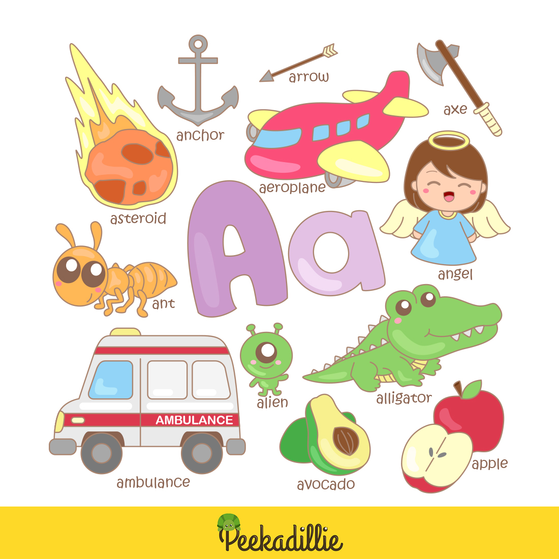 A For Vocabulary School Letter Reading Writing Font Study Learning Student Toodler Kids Angel Avocado Anchor Asteroid Ambulance Apple Alligator Ant Alien Cartoon Illustration Vector Clipart preview image.