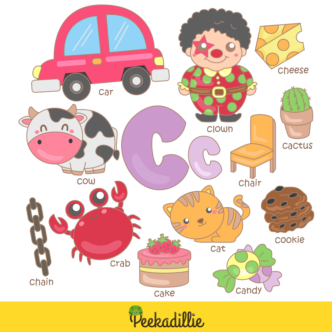 C For Vocabulary School Letter Reading Writing Font Study Learning Student Toodler Kids Car Crab Cake Clown Cookie Cow Cactus Cheese Candy Chain Chair Cat Cartoon Illustration Vector Clipart preview image.
