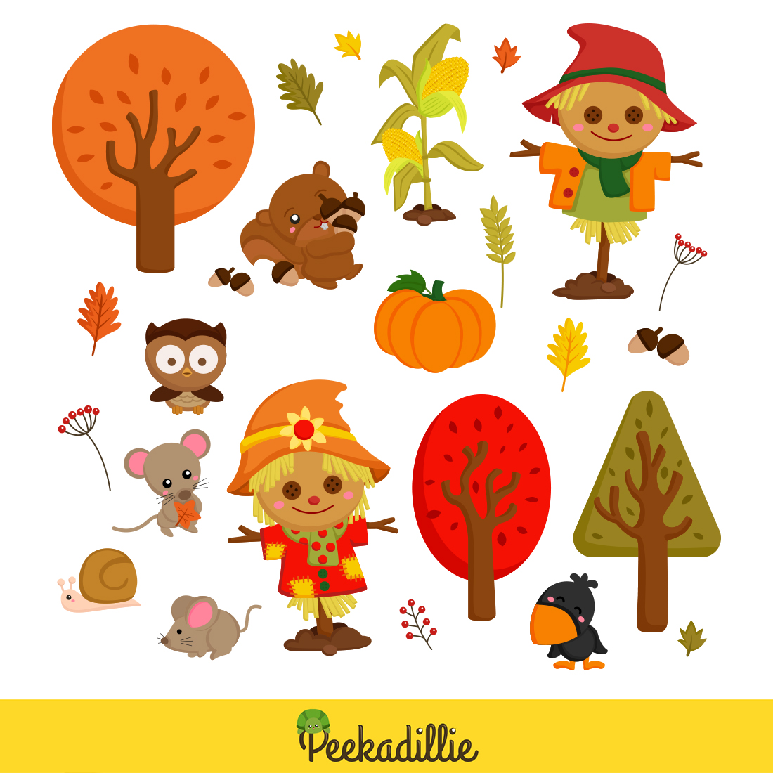 Cute Autumn Scarecrow Doll Nature Weather with Animals Beaver Raven Mouse Pumpkin Tree Leaves Cartoon Illustration Vector Clipart preview image.